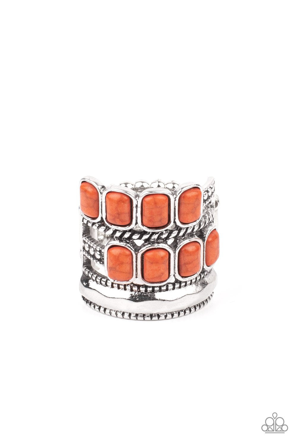 Mismatched rows of Adobe rectangular stone beads, twisted silver and studded silver bars, and a faceted silver band haphazardly layer across the finger, coalescing into a colorfully rustic centerpiece. Features a stretchy band for a flexible fit. Sold as one individual ring. Fashion Fabulous Jewelry