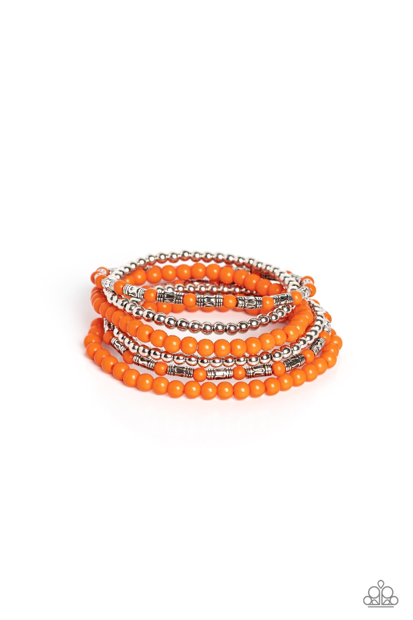 A trendy collection of orange, silver and silver cylindrical textured beads wrap around the wrist on elastic stretchy bands for a colorful, seasonal stack. Sold as one set of six bracelets.