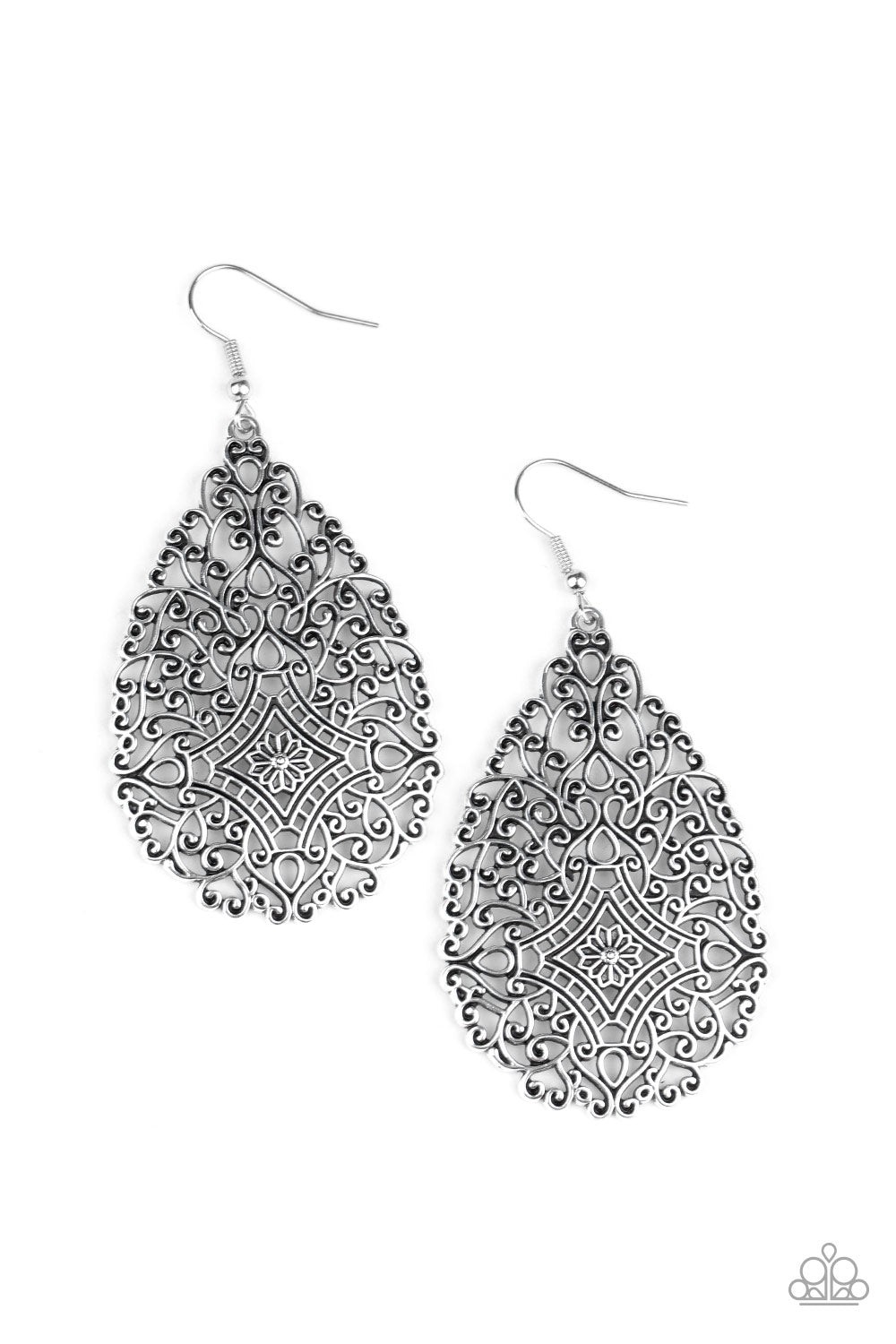 Brushed in an antiqued finish, burnished silver filigree climbs into a floral teardrop frame for a whimsically vintage look. Earring attaches to a standard fishhook fitting. Sold as one pair of earrings.