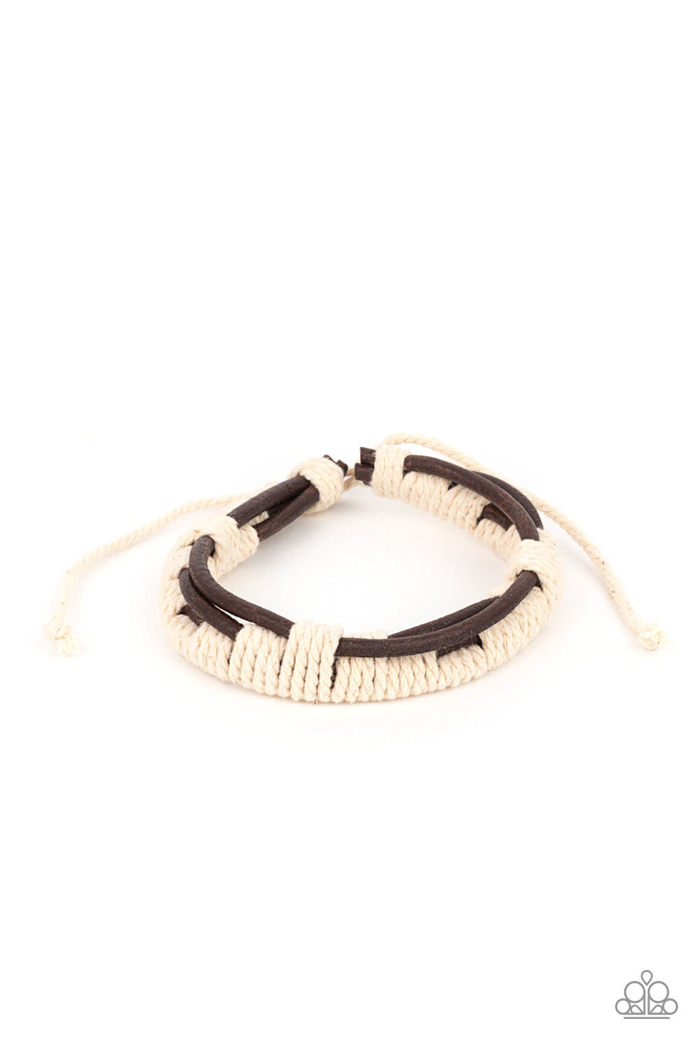 Rustic white cording sporadically knot around three leathery brown cords, creating a rustic display around the wrist. Features an adjustable sliding knot closure. Sold as one individual bracelet.
