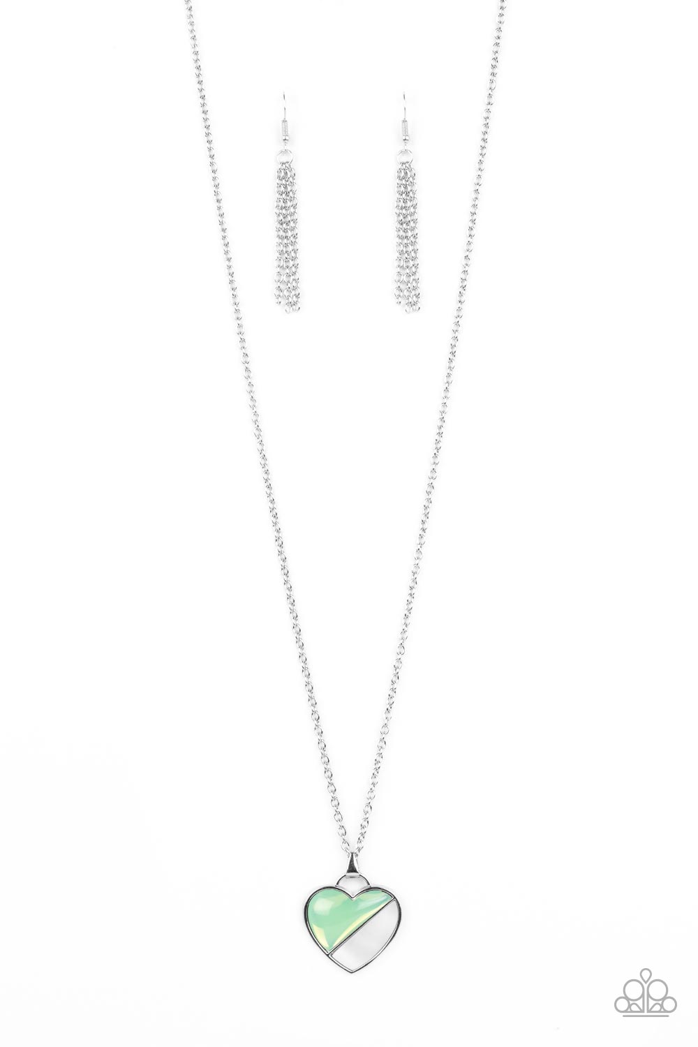 Encased in a silver heart frame, a glassy green bead and white shell-like stone lay side-by-side, creating a romantic pendant at the bottom of a classic silver chain. Features an adjustable clasp closure. Sold as one individual necklace. Includes one pair of matching earrings.