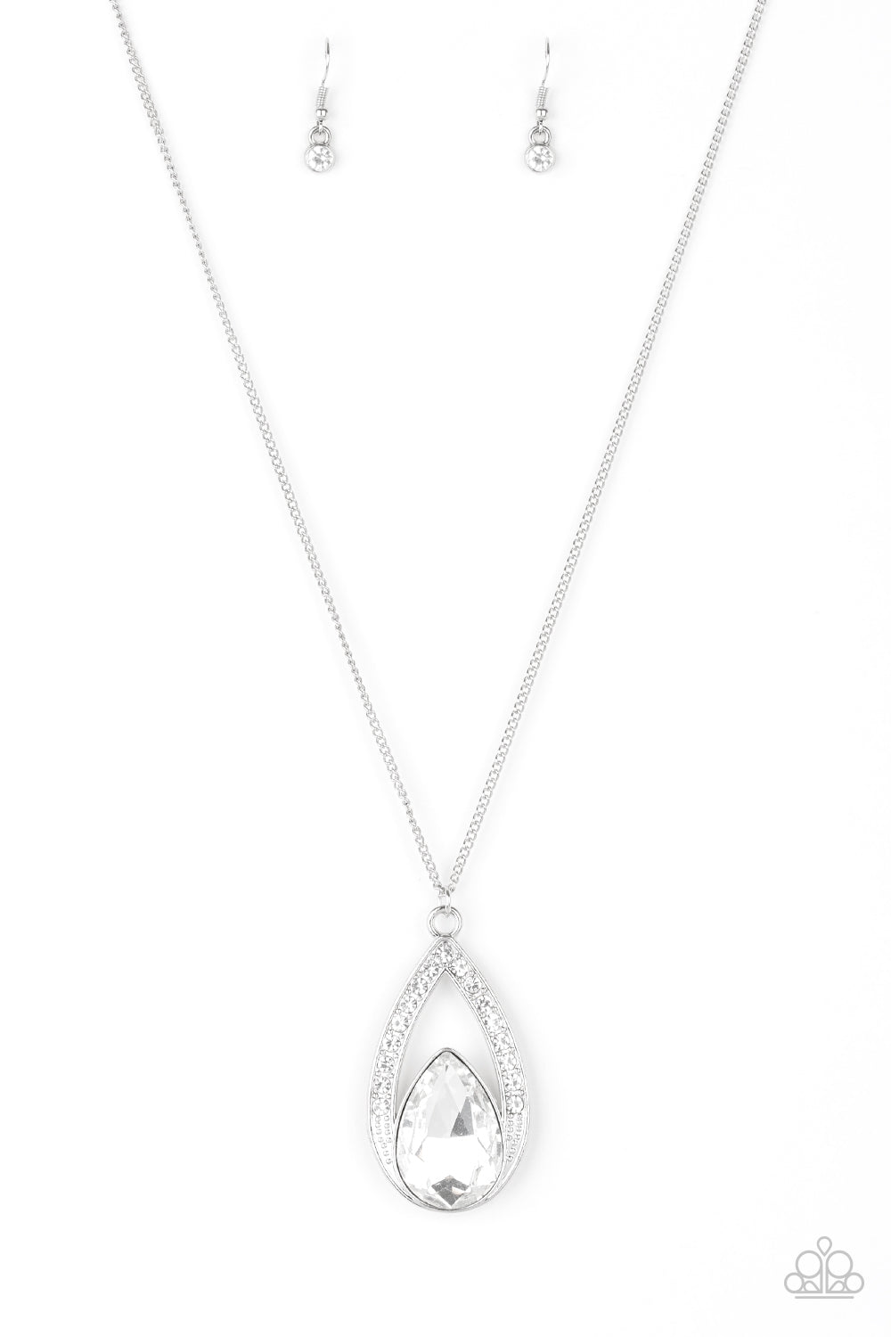 A glittery white teardrop gem is pressed into a silver frame radiating with glassy white rhinestones. The glamorous pendant swings from the bottom of a shimmery silver chain for a refined look. Features an adjustable clasp closure. Sold as one individual necklace. Includes one pair of matching earrings.