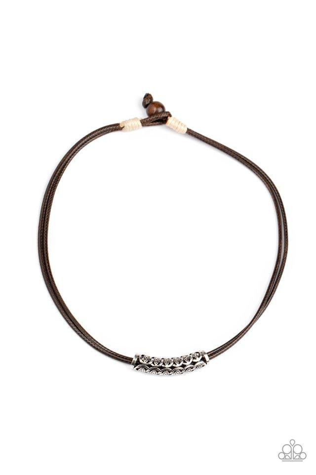 A decorative silver bar glides along shiny brown cording below the collar for a beach inspired look. Features an adjustable sliding knot closure. Sold as one individual necklace.