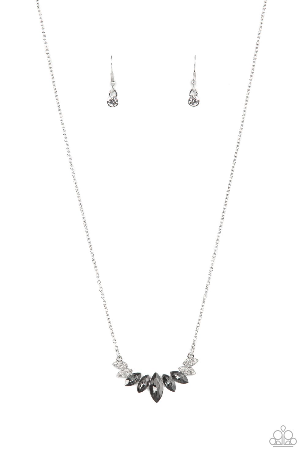 A fan of smoky marquise cut rhinestones is flanked by pairs of white rhinestone encrusted silver frames at the bottom of a dainty silver chain, resulting in a regal centerpiece below the collar. Features an adjustable clasp closure. Sold as one individual necklace. Includes one pair of matching earrings.