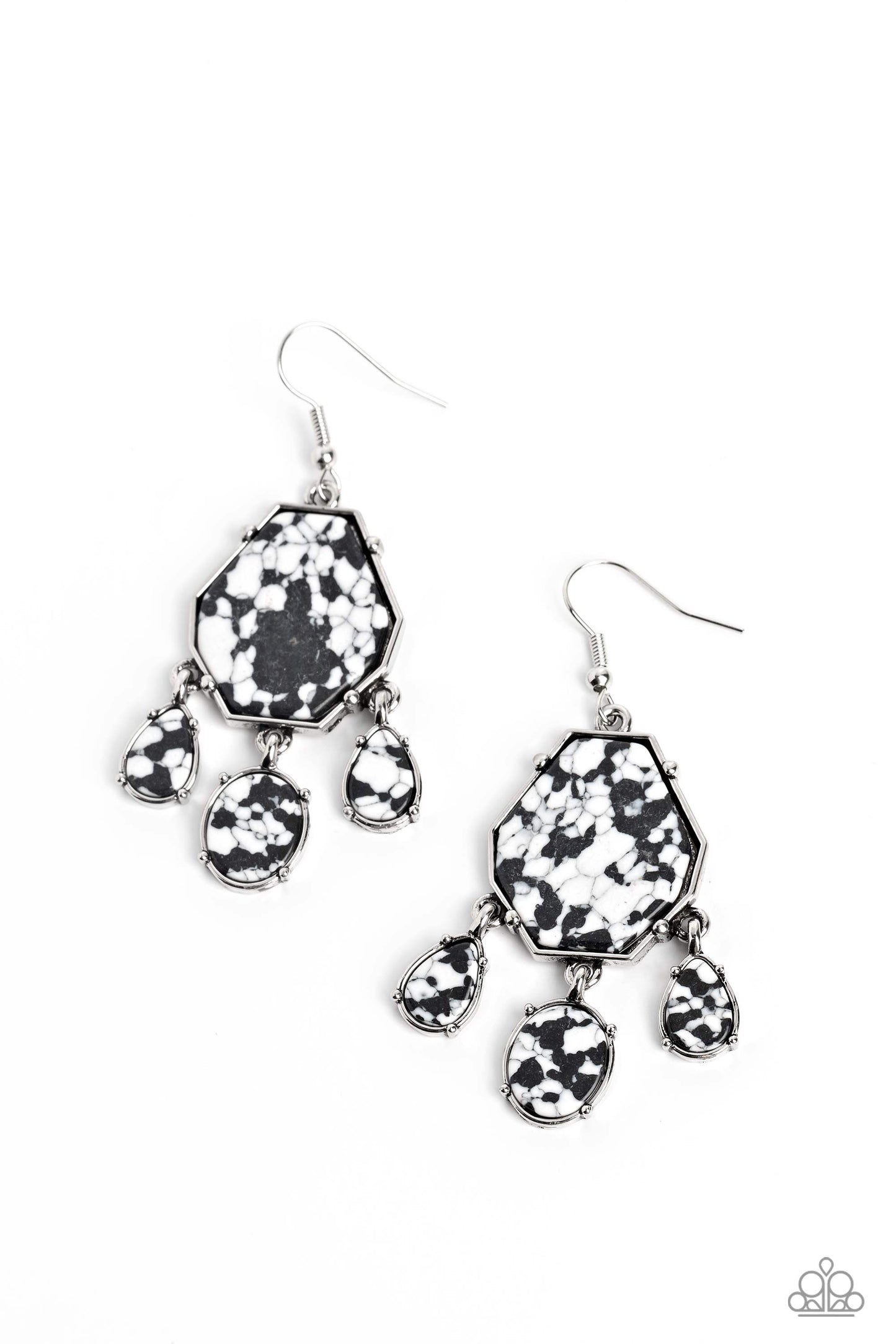 Pronged in place, a trio of oval and teardrop white stones with black marbling swings from the bottom of an elongated geometric-shaped stone in the same hue, creating an earthy fringe. Earring attaches to a standard fishhook fitting. As the stone elements in this piece are natural, some color variation is normal. Sold as one pair of earrings.
