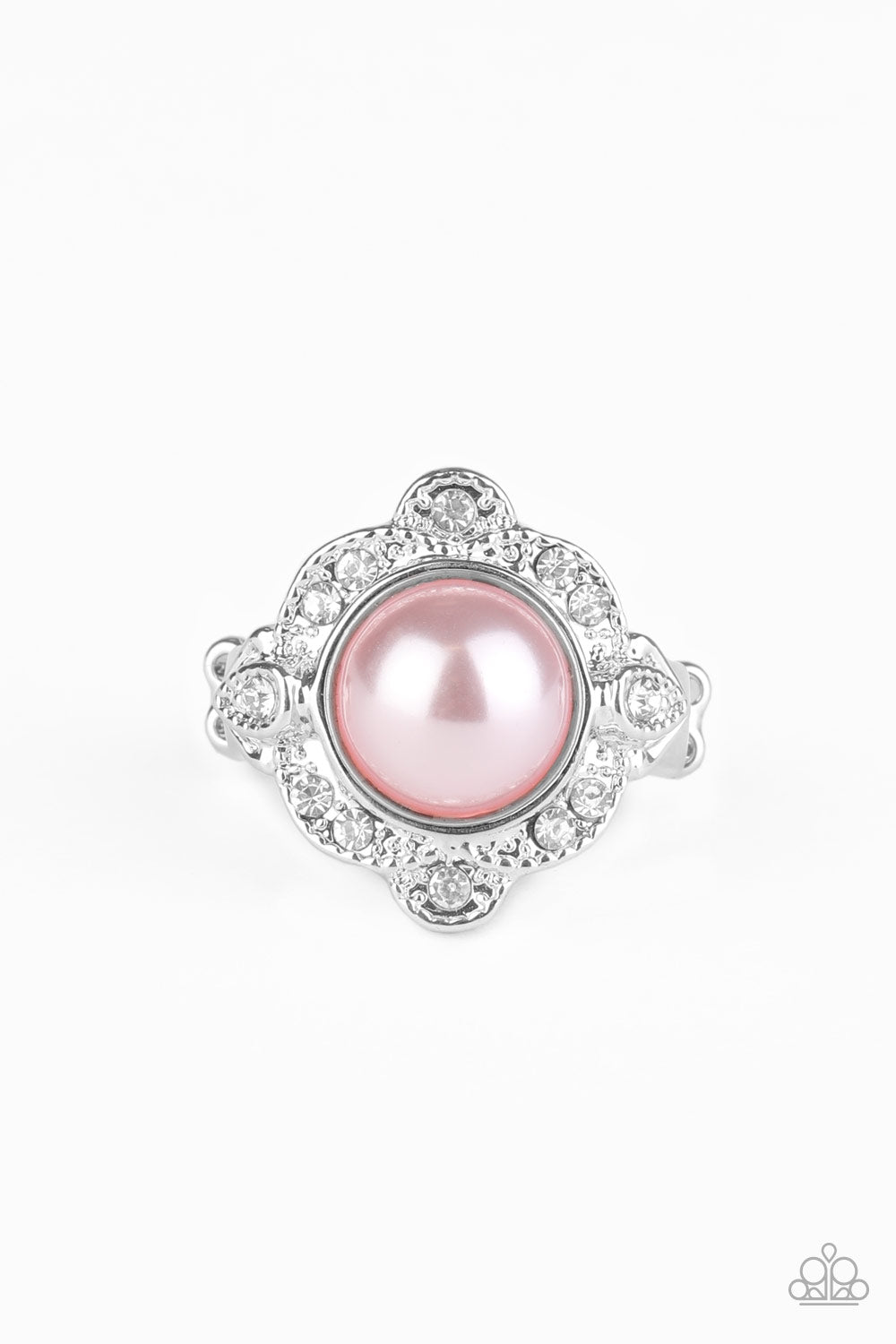 A pearly pink bead is pressed into the center of an ornate silver frame dotted in glassy white rhinestones, creating a refined statement piece atop the finger. Features a dainty stretchy band for a flexible fit. Sold as one individual ring.