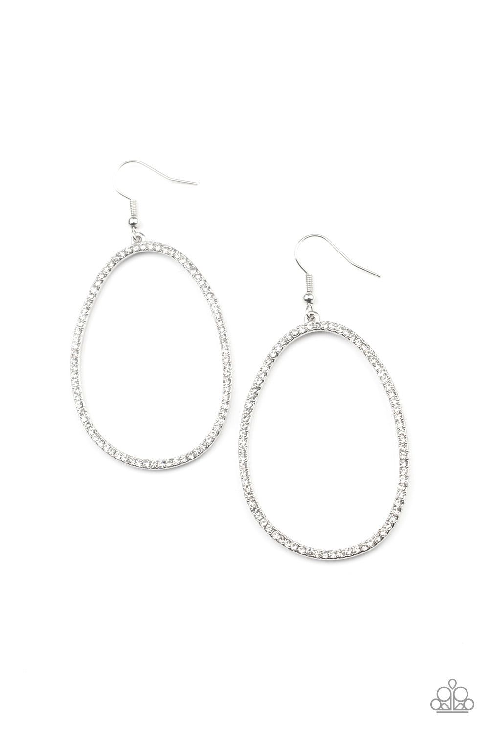 Dotted in dainty white rhinestones, an asymmetrical oval silver frame swings from the ear for a sassy look. Earring attaches to a standard fishhook fitting.
Sold as one pair of earrings.