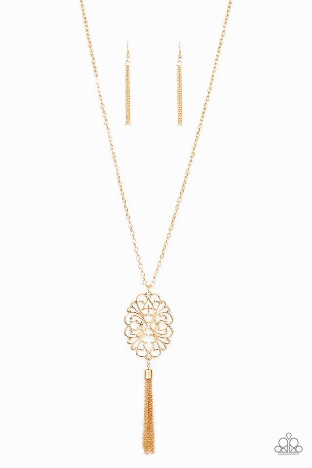 Swirling with filigree detail, a mandala-like pendant gives way to a glistening brass tassel at the end of a lengthened brass chain for a whimsical look. Features an adjustable clasp closure. Sold as one individual necklace. Includes one pair of matching earrings.