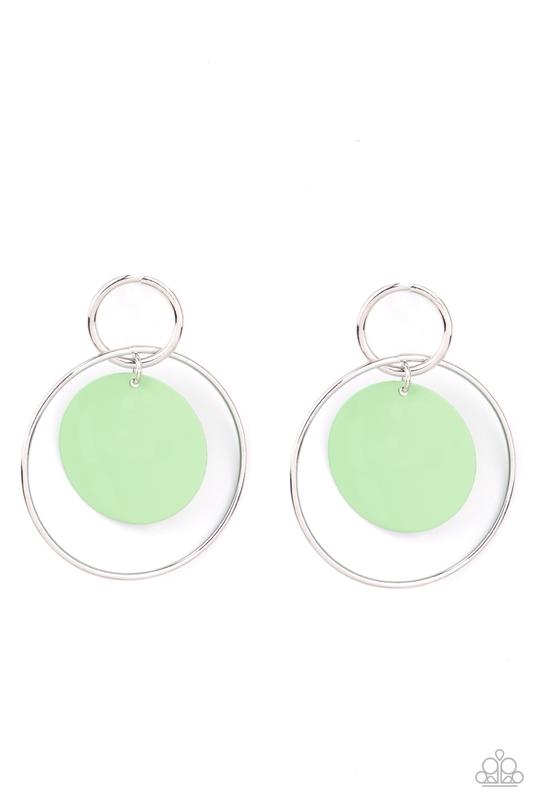 A minty Green Ash disc swings from two interlocking silver hoops, creating a flirtatious pop of color. Earring attaches to a standard post fitting. Sold as one pair of post earrings.