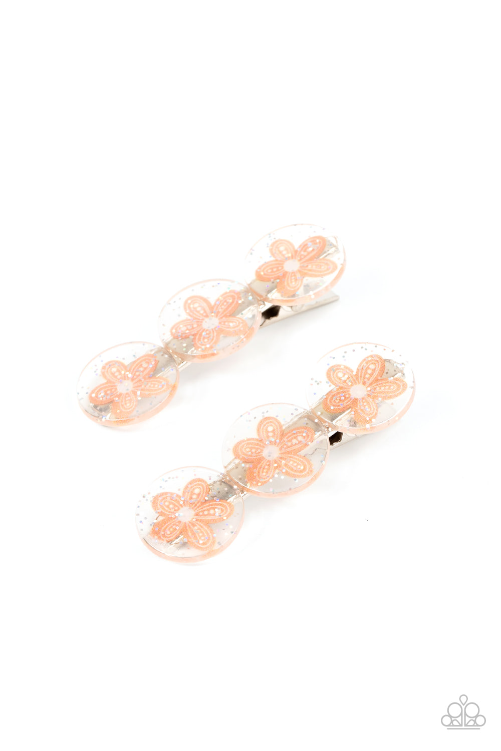 Sprinkled in silvery sparkles, trios of orange flower adorned acrylic discs join into a whimsical pair of hair clips. Features standard hair clips on the back. Sold as a set of two hair clips.