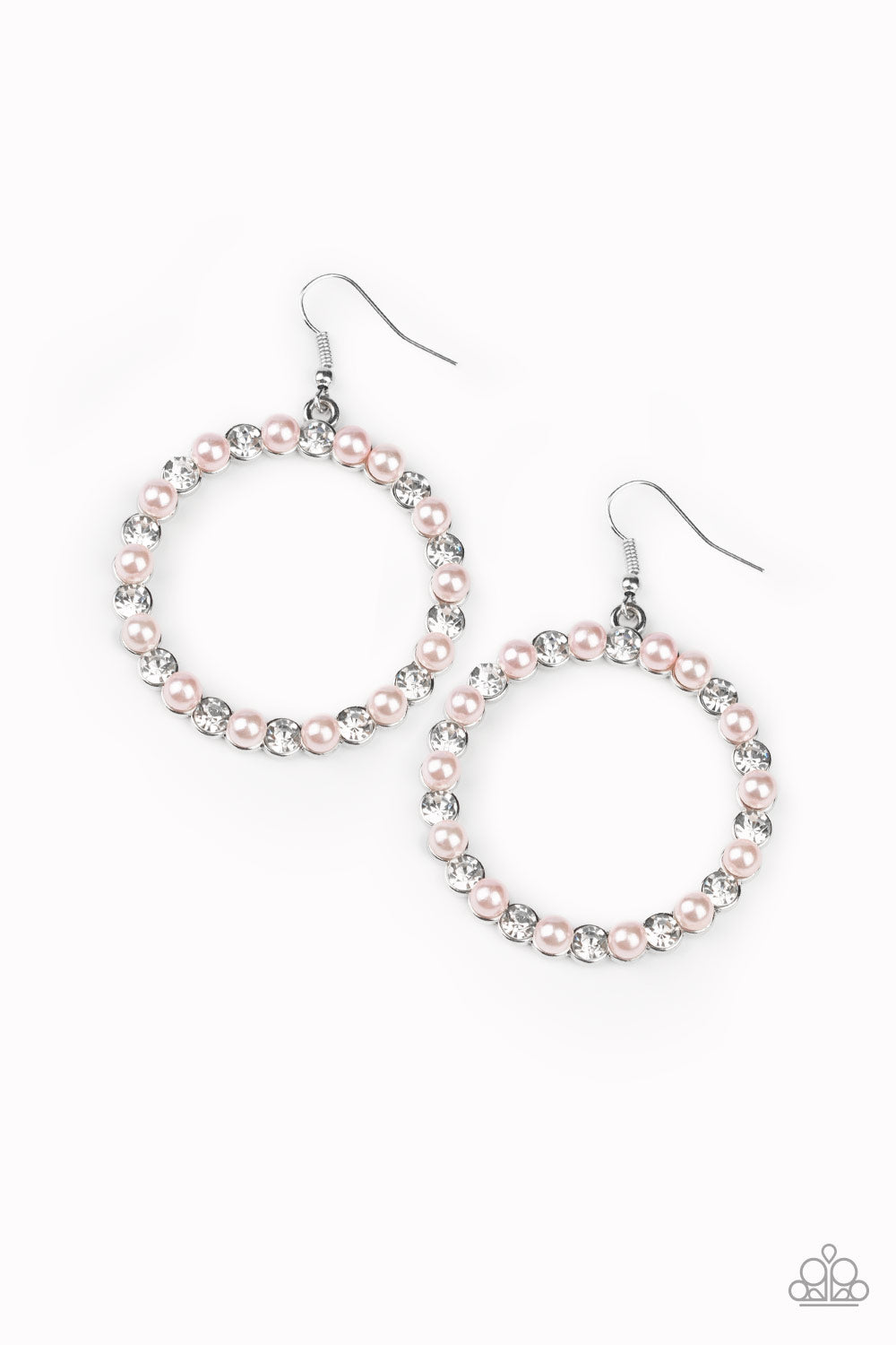 Bubbly pink pearls and glassy white rhinestones alternate along the front of a shimmery silver hoop for a timeless look. Earring attaches to a standard fishhook fitting. Sold as one pair of earrings.