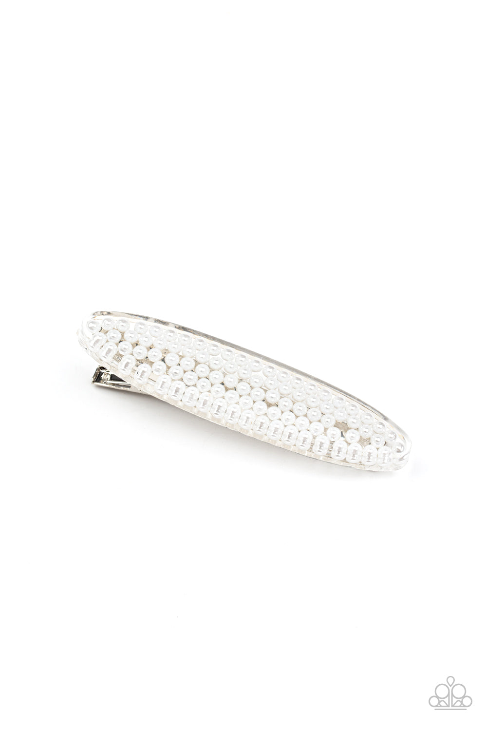 A classic collection of dainty white pearls is encased inside an oval acrylic frame, creating a refined centerpiece atop a silver hair clip. Features a standard hair clip on the back. Sold as one individual hair clip.