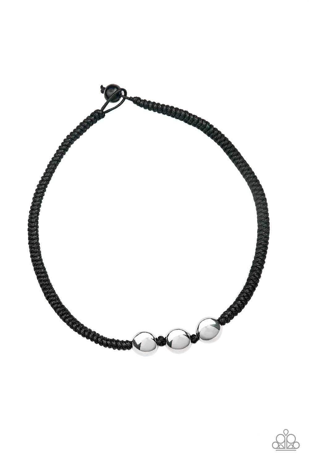 Three shiny silver beads are knotted in place along a black braided cord below the collar for an urban look. Features a button loop closure. Sold as one individual necklace.