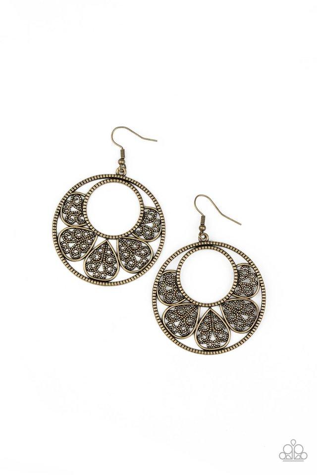 Filigree filled petals fan out from the bottom of a textured brass ring, coalescing into a whimsical floral hoop. Earring attaches to a standard fishhook fitting. Sold as one pair of earrings.