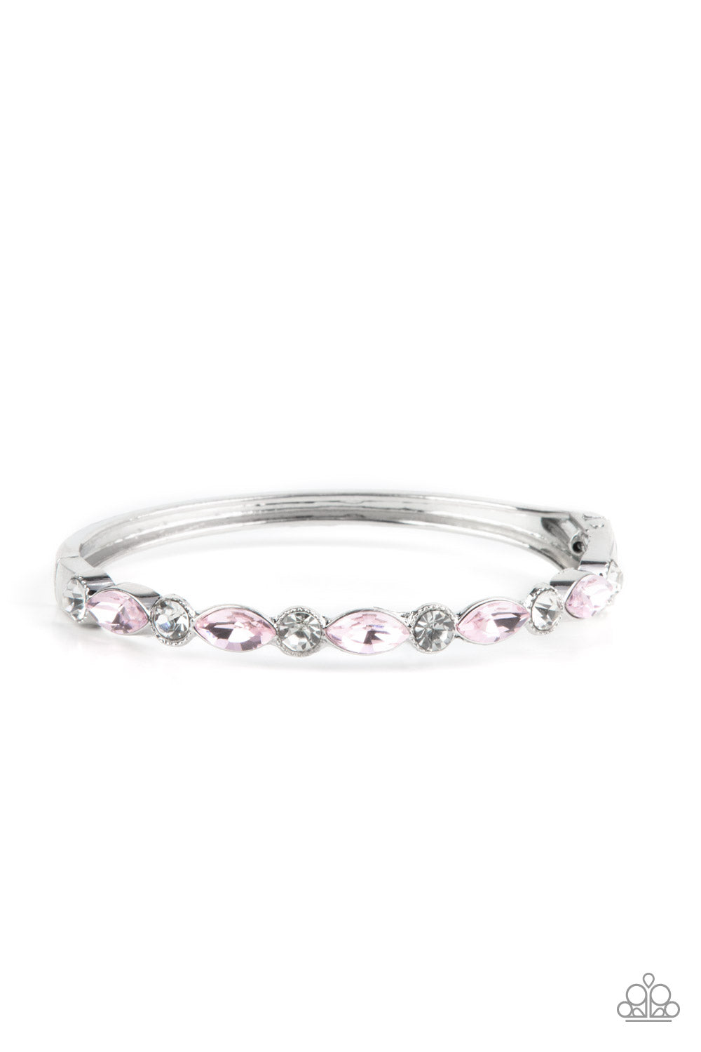 A sparkly collection of round white rhinestones and marquise pink rhinestones alternate across the top of the wrist, coalescing into a stackable bangle-like bracelet. Features a hinged closure. Sold as one individual bracelet.