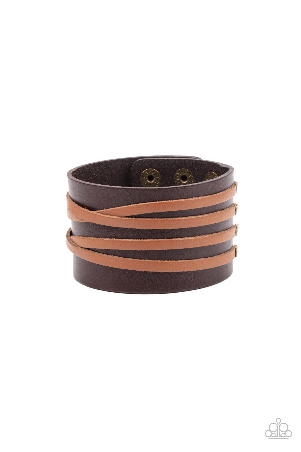 Crisscrossing tan leather strands are studded in place across the front of a thick brown leather band, creating a rugged centerpiece. Features an adjustable snap closure. Sold as one individual bracelet.