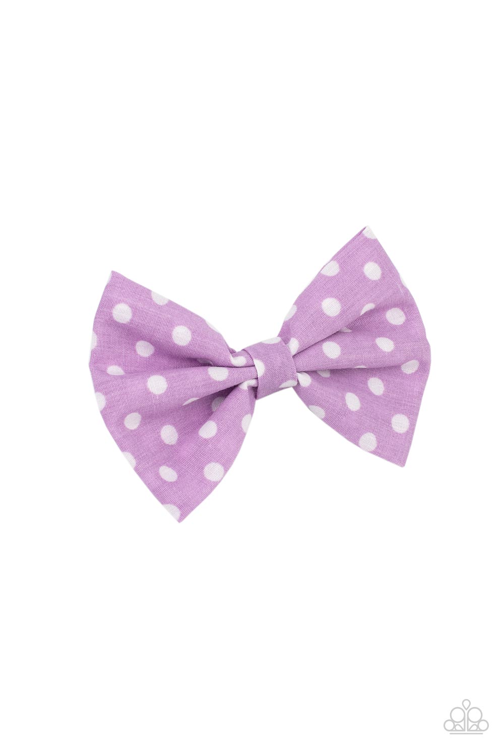 Delightful purple polka-dotted cotton fabric delicately knots into a dainty bow. Features a standard hair clip on the back. Sold as one individual hair clip.