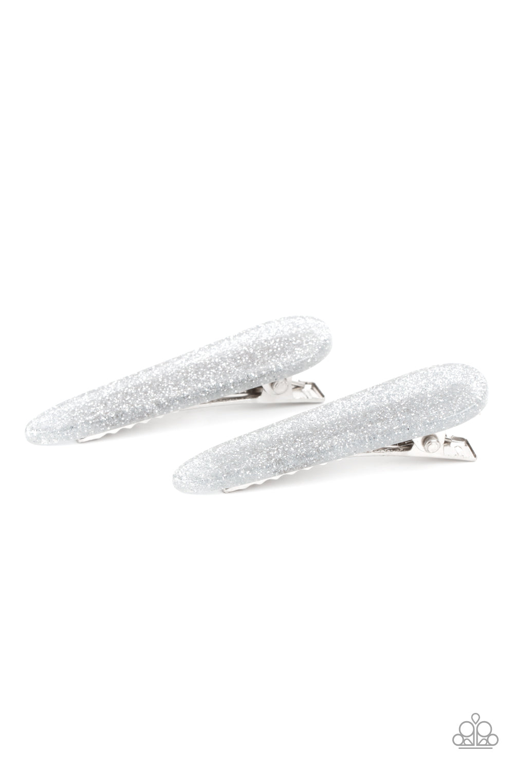 Dusted in silver glitter, a dainty pair of sparkly acrylic frames pull back the hair for a patriotic pop of color. Features standard hair clips on the back. Sold as one pair of hair clips.