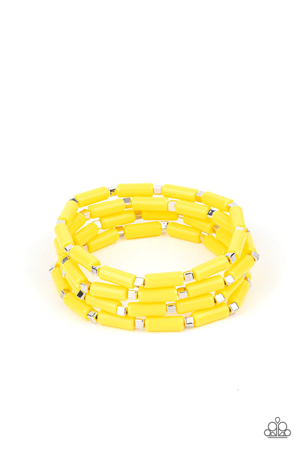 A playful collection of dainty silver cube beads and cylindrical Illuminating beads are threaded along stretchy bands, creating colorful layers around the wrist. Sold as one set of four bracelets.