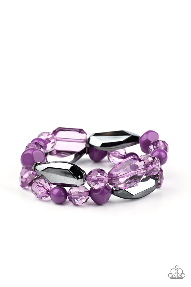 Mismatched gunmetal, polished purple, and crystal-like beads are threaded along interlocking stretchy bands for a whimsical look.
Sold as one individual bracelet.