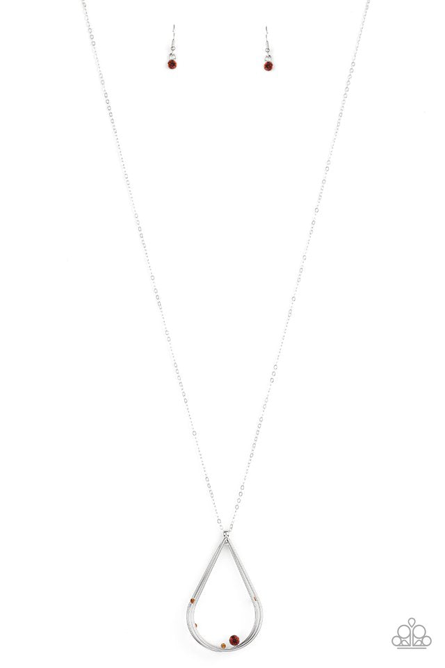 Dainty topaz rhinestones collect at the bottom of a triple stacked silver teardrop, creating an elegantly refined pendant at the bottom of a lengthened silver chain. Features an adjustable clasp closure. Sold as one individual necklace. Includes one pair of matching earrings.