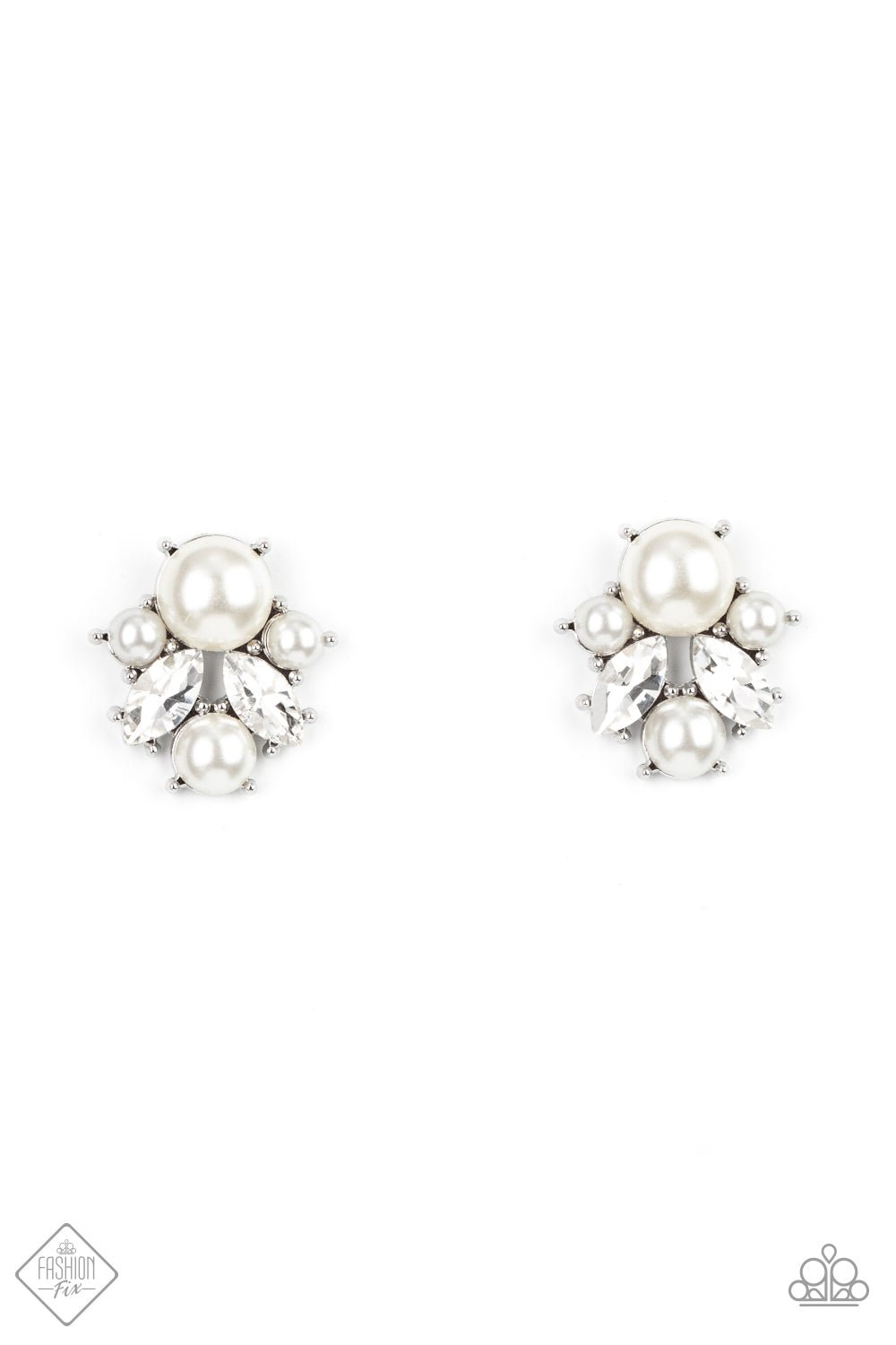 Featuring shiny silver fittings, a royal collection of bubbly pearls and glassy marquise cut white rhinestones delicately cluster into an elegant frame. Earring attaches to a standard post fitting. Sold as one pair of post earrings.