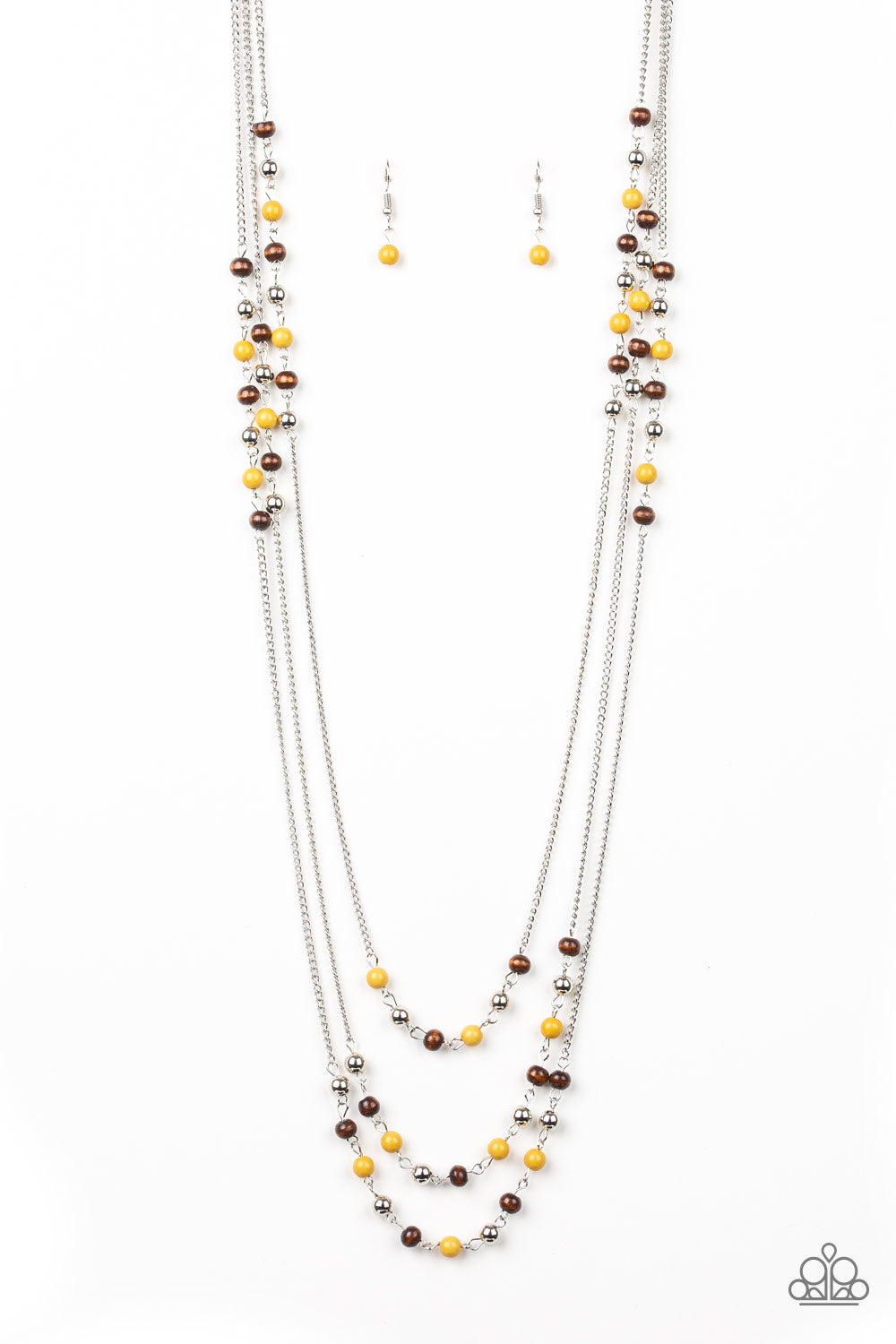 Dainty silver, yellow, and wooden beads trickle along three shimmery silver chains, creating colorful layers across the chest. Features an adjustable clasp closure. Sold as one individual necklace. Includes one pair of matching earrings.