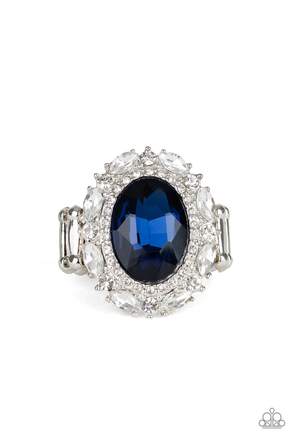 An oversized oval blue gem is pressed into the center of a round silver frame encrusted in mismatched white rhinestones for a glamorous look. Features a stretchy band for a flexible fit. Sold as one individual ring.
