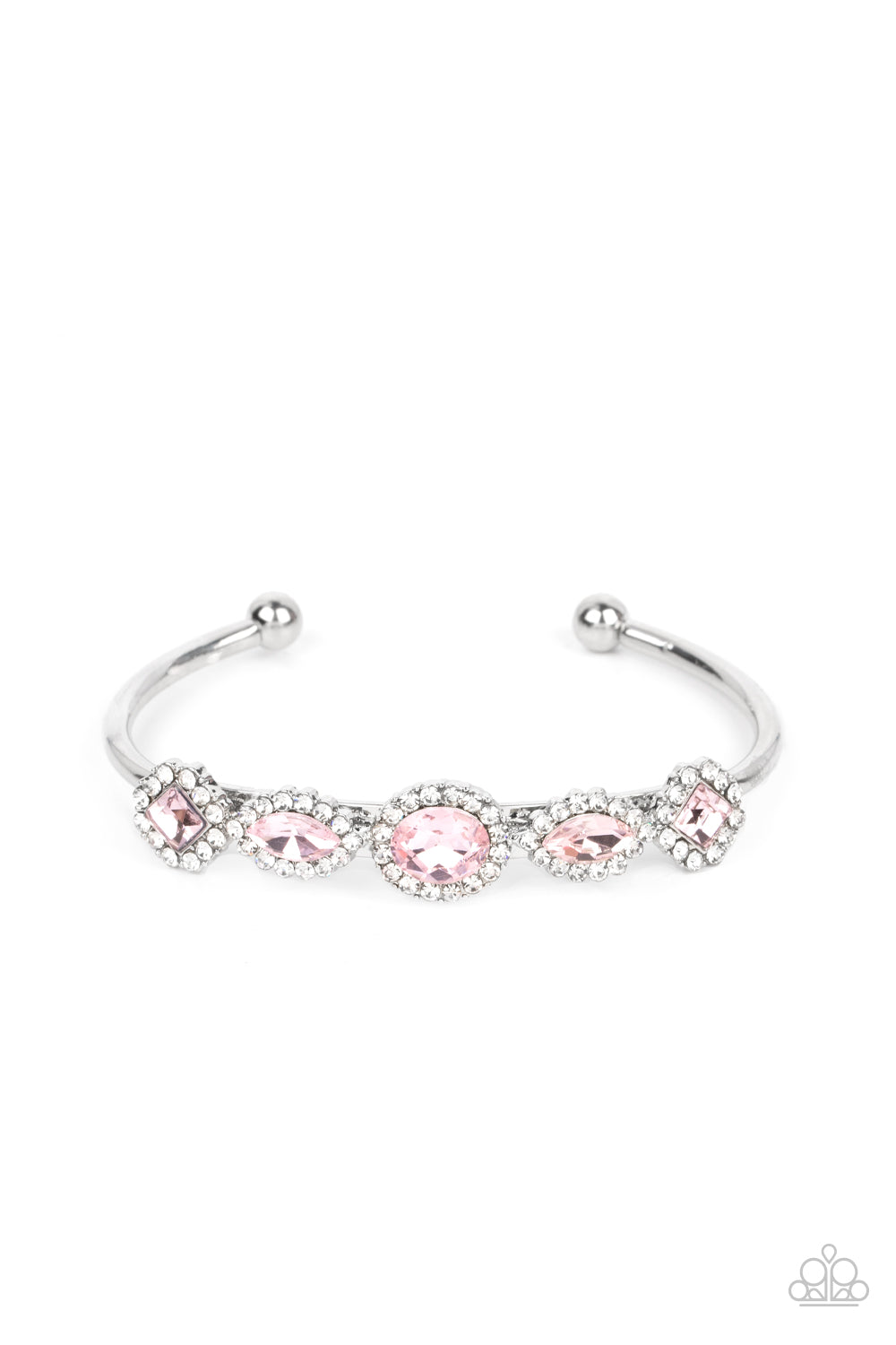 Bordered in glassy white rhinestones, mismatched pink gems alternate across the front of a dainty silver cuff for a sparkly fashion. Sold as one individual bracelet.