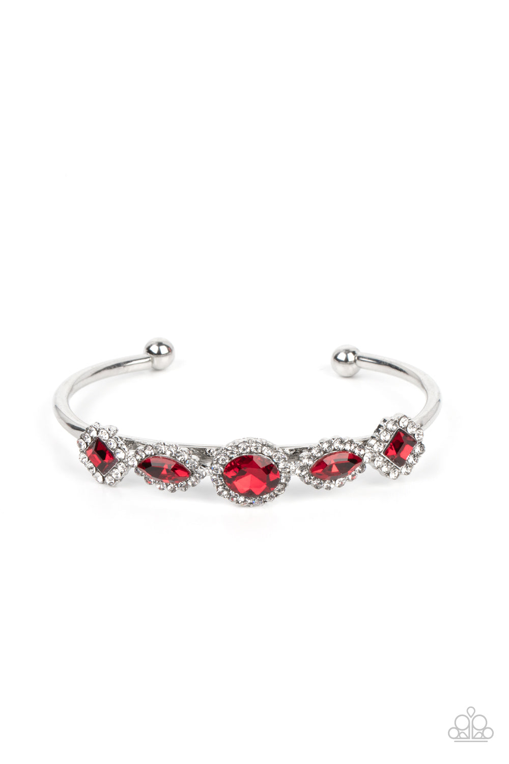 Bordered in glassy white rhinestones, mismatched red gems alternate across the front of a dainty silver cuff for a sparkly fashion. Sold as one individual bracelet.