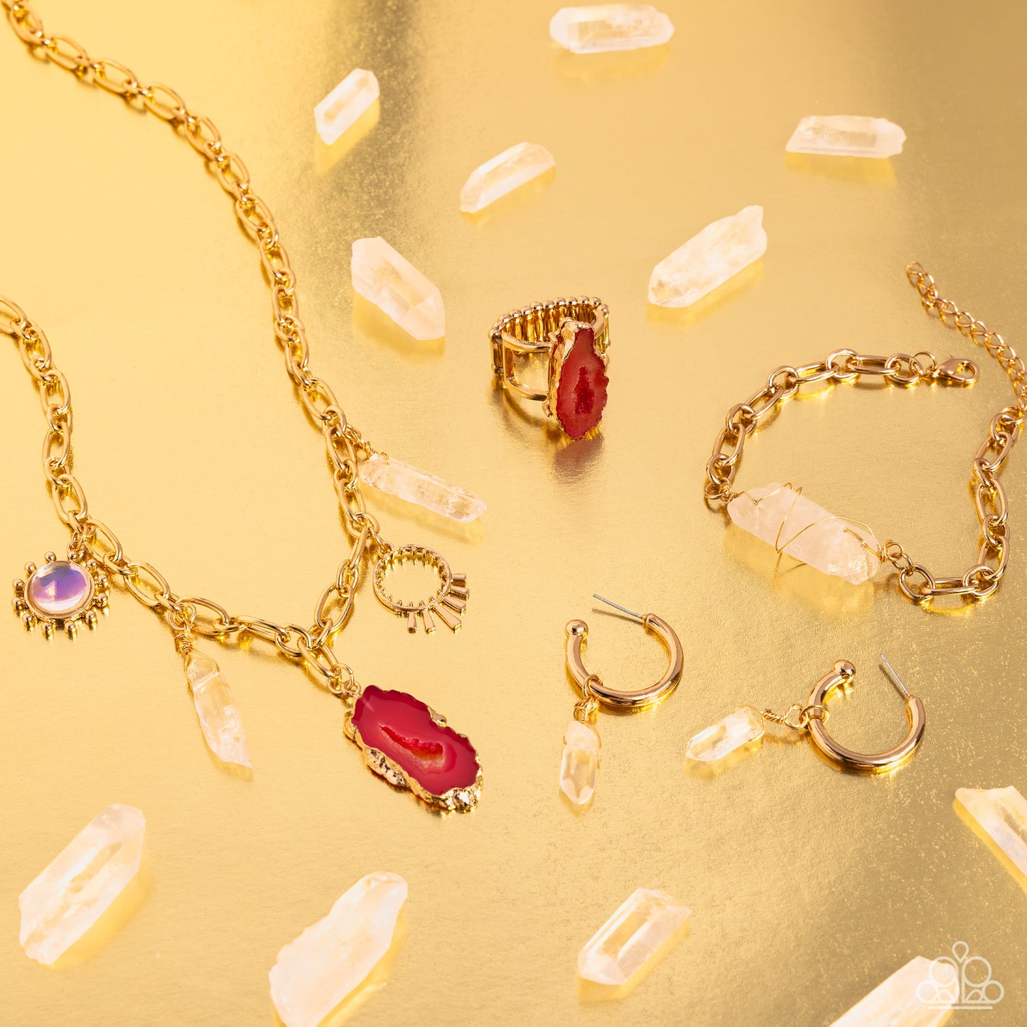 Women's gold set with necklace and ring with pink asymmetric stone, and bracelet and earrings with white stone