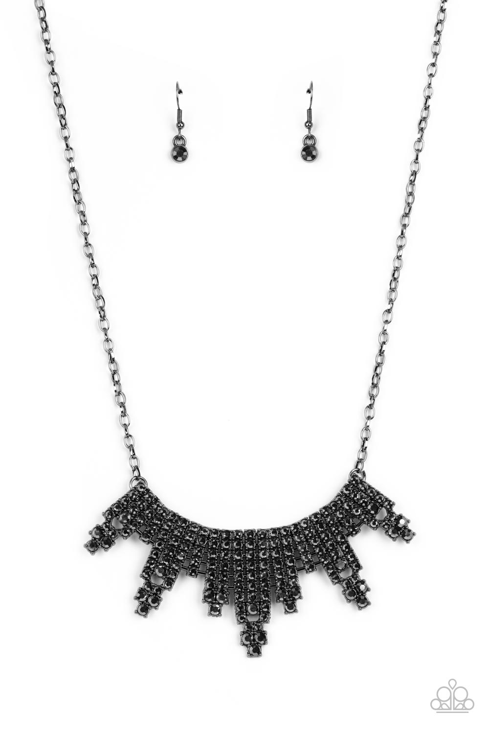 Featuring studded gunmetal fittings, glitzy rows of sparkly hematite rhinestones stack into gritty towers that curve below the collar for an edgy effect. Features an adjustable clasp closure. Sold as one individual necklace. Includes one pair of matching earrings.