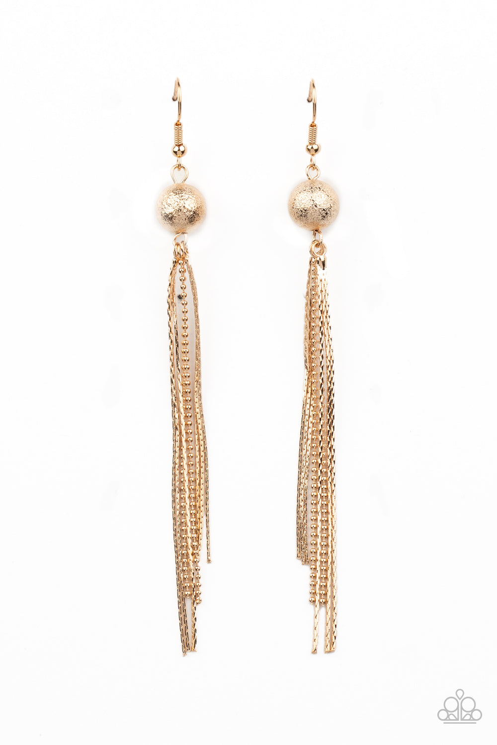 A golden foiled bead gives way to matching flattened and dainty ball chains, creating a sleek tasseled look. Earring attaches to a post fitting. Sold as one pair of earrings.