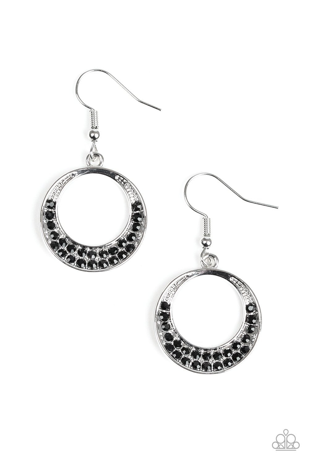 As if dipped in glitter, the bottom of a rounded silver hoop is encrusted in sparkling black rhinestones for a sparkling sophistication. Earring attaches to a standard fishhook fitting. Sold as one pair of earrings.