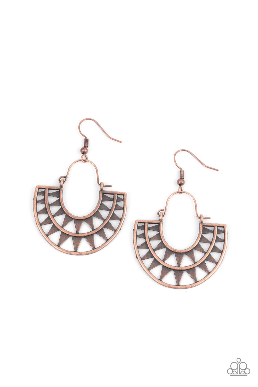 Two rows of antiqued copper triangular frames curve into a stacked sunburst pattern, creating a radiantly rustic lure at the bottom of a dainty copper wire fitting. Earring attaches to a standard fishhook fitting. Sold as one pair of earrings.