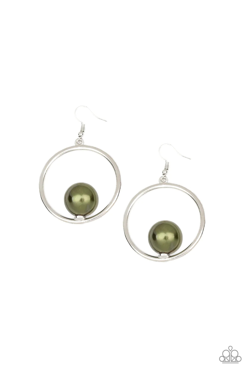 A dramatically oversized green pearl is nestled atop the bottom of a shimmery silver hoop for a refined flair. Earring attaches to a standard fishhook fitting. Sold as one pair of earrings.
