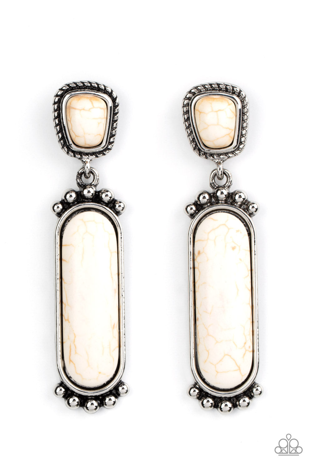 Bordered in a silver rope-like frame, an asymmetrical white stone links with an oversized oval white stone encased in a pronged silver frame for an authentic southwestern inspired style. Earring attaches to a standard post fitting. Sold as one pair of post earrings.