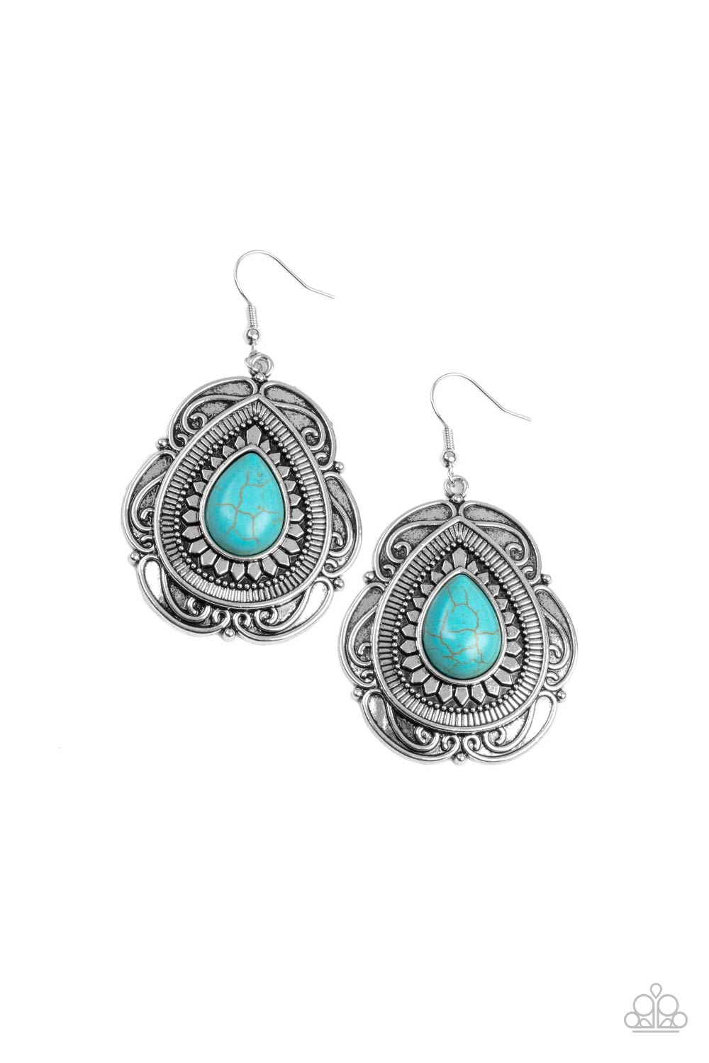 Dainty silver petals fan out from a refreshing teardrop turquoise stone center atop a backdrop of scalloped silver detail, creating a rustic frame. Earring attaches to a standard fishhook fitting. Sold as one pair of earrings.