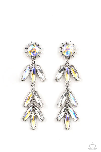 A silver sunburst frame wraps around an iridescent gem as it gives way to an explosion of marquise cut rhinestones in the same dreamy finish. The oblong frames swing dramatically from the ear, capturing and reflecting light at every turn. Earring attaches to a standard post fitting. Due to its prismatic palette, color may vary. Sold as one individual earring.
