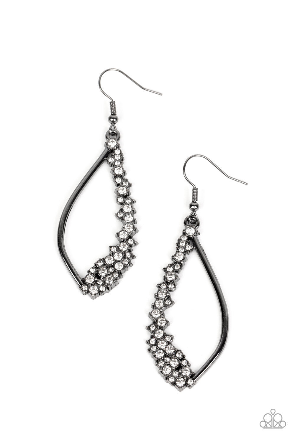 Set in gunmetal pronged fittings, dainty white rhinestones tumble down one side of an airy gunmetal lure for a bubbly blast of sparkle. Earring attaches to a standard fishhook fitting. Sold as one pair of earrings.