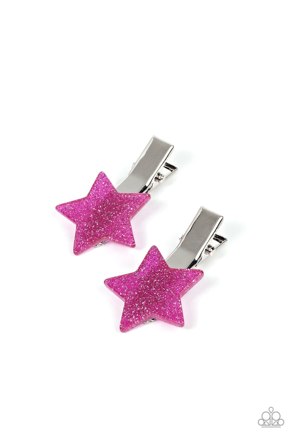 Sprinkled in glitter, a pair of pink acrylic stars pull back the hair for a stellar fashion. Features standard hair clips on the back. Sold as one pair of hair clips.