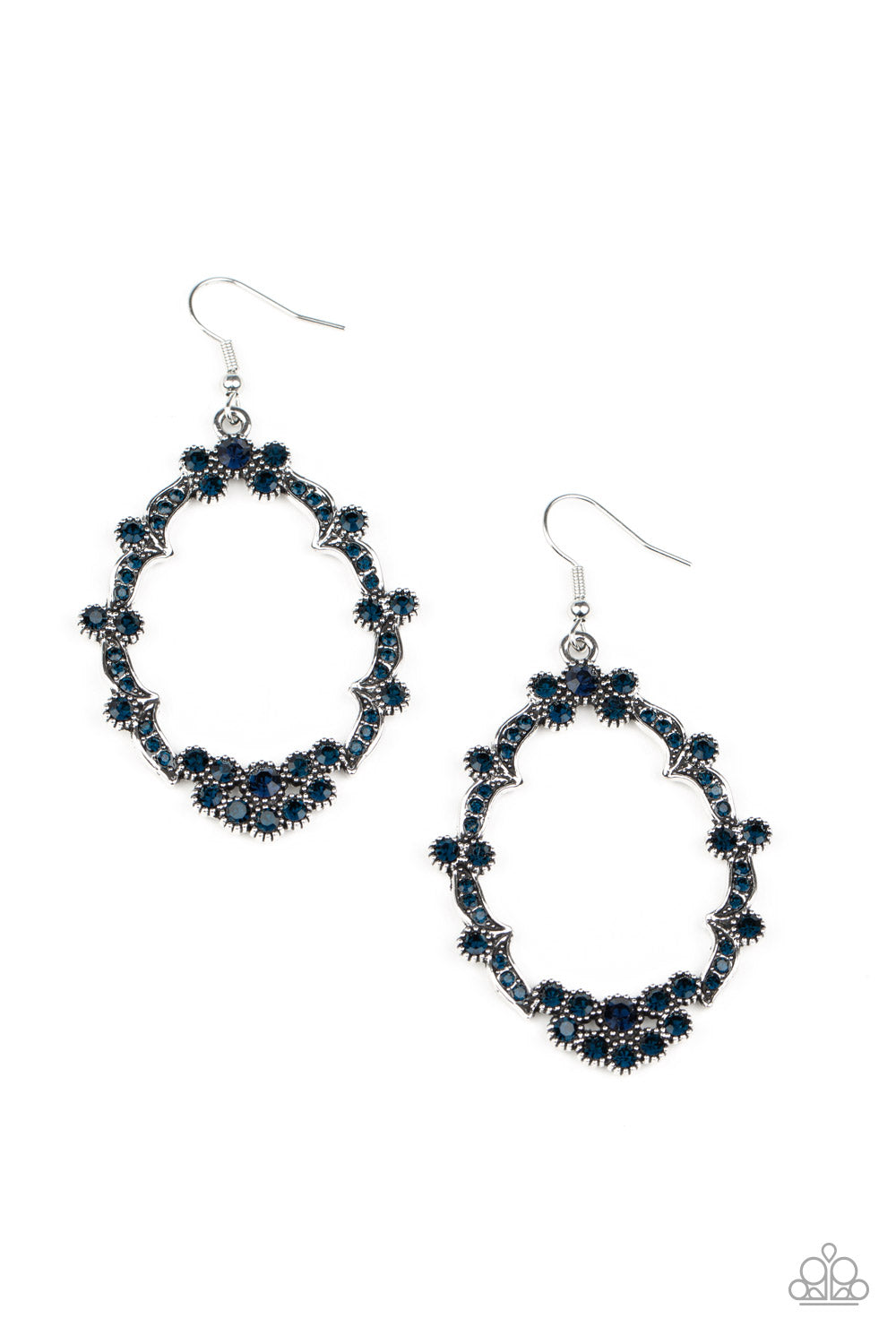 Dotted with glittery blue rhinestones, dainty silver studded frames delicately connect into an imperfect teardrop frame for a whimsical shimmer. Earring attaches to a standard fishhook fitting. Sold as one pair of earrings.