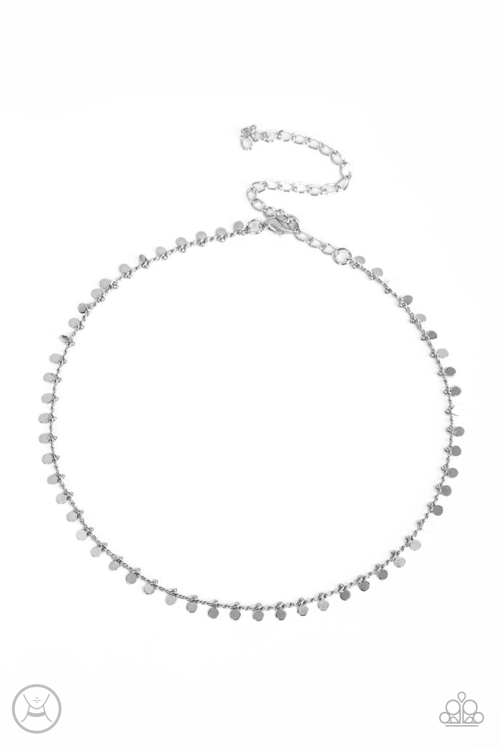 Featuring beaded fittings, a dainty collection of shiny silver discs glisten from the bottom of a dainty shiny silver chain around the neck for a minimalist inspired style. Features an adjustable clasp closure. Sold as one individual choker necklace. Includes one pair of matching earrings.