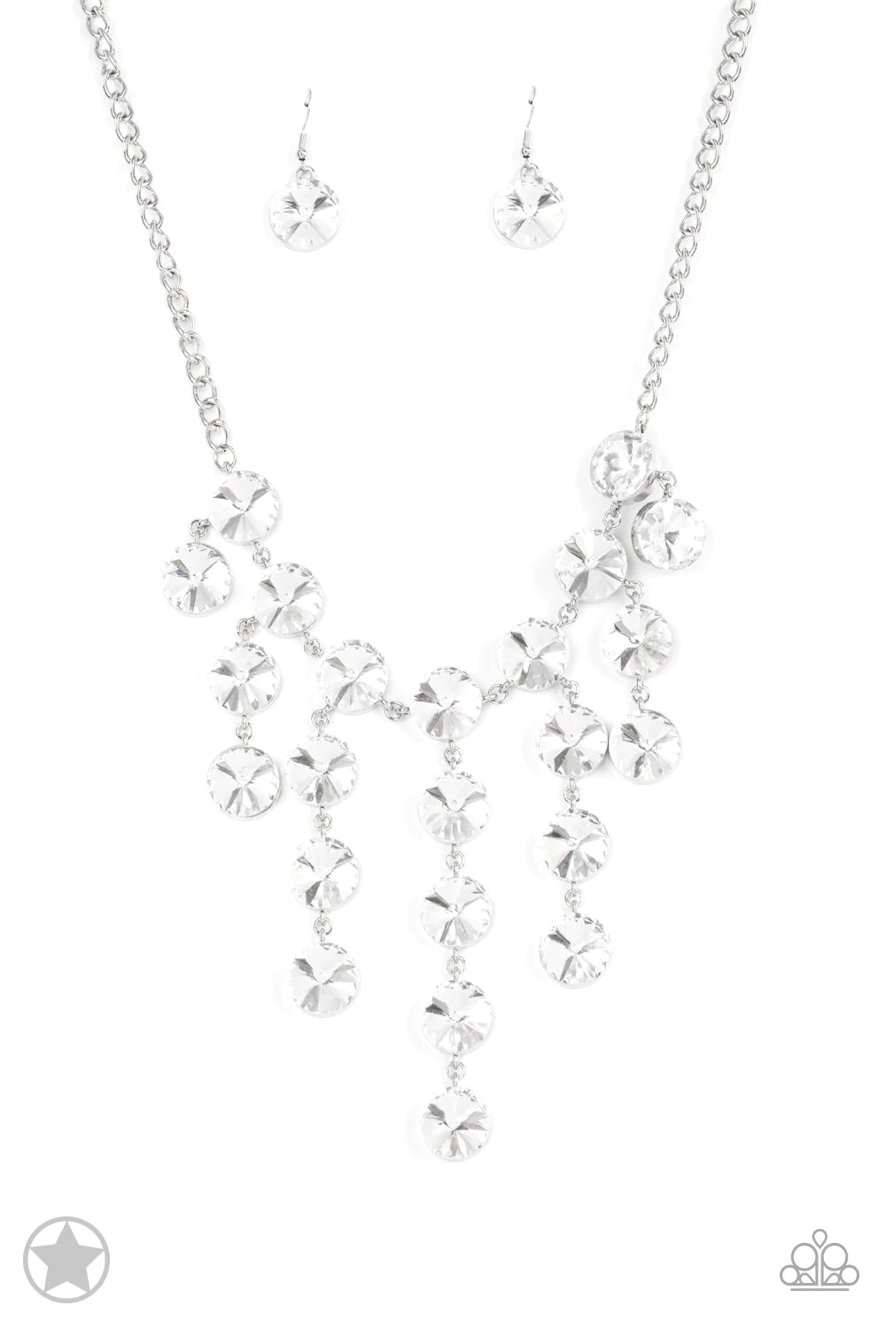 Encased in sleek silver fittings, dramatically oversized white rhinestones delicately link into twinkly tassels that taper off into a jaw-dropping fringe below the collar. Features an adjustable clasp closure. Sold as one individual necklace. Includes one pair of matching earrings.