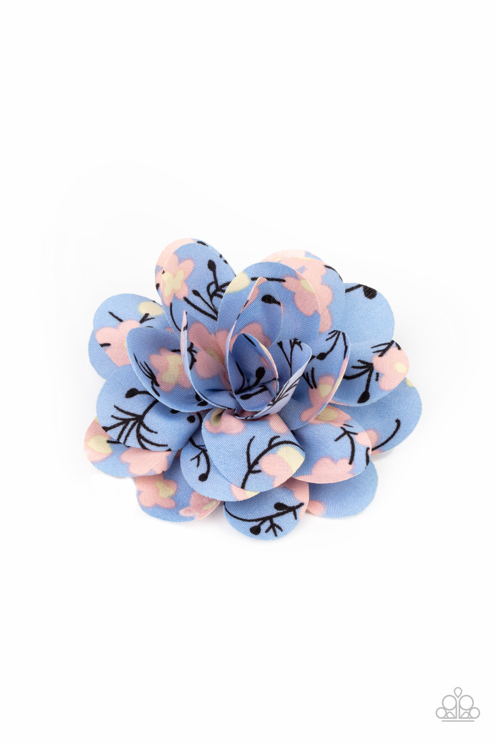 Plush blue petals are printed in a colorful blossom pattern as they gather into a whimsical springtime flower. Features a standard hair clip on the back. Sold as one individual hair clip.