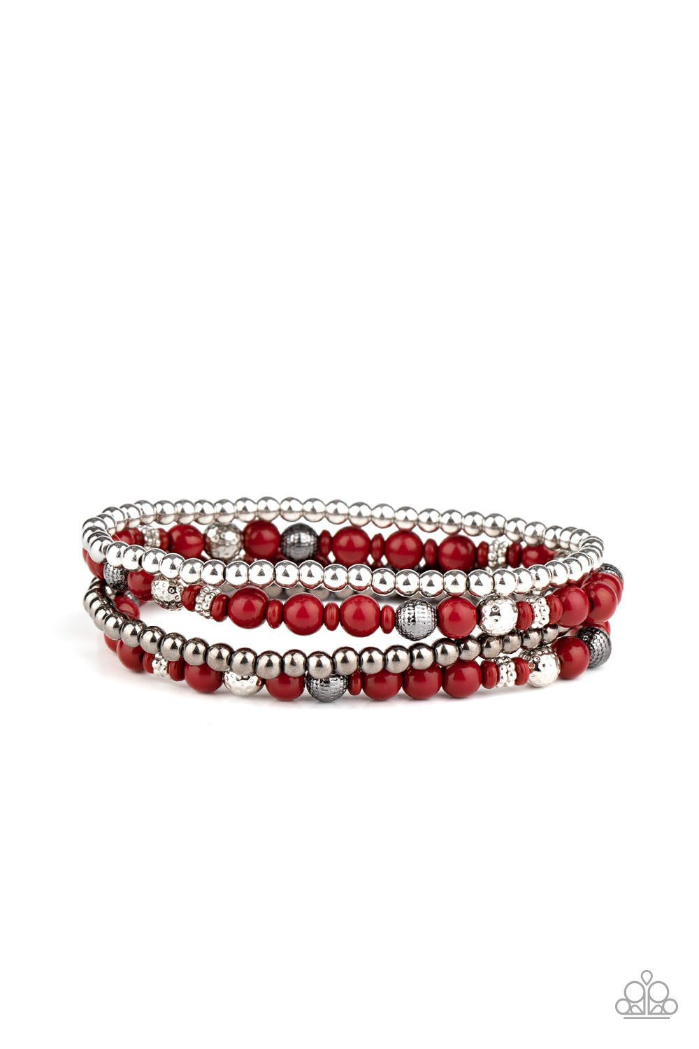 Varying in size and texture, a mismatched collection of Fired Brick, gunmetal, and silver beads are threaded along stretchy bands around the wrist, creating colorful layers.
Sold as one set of four bracelets.