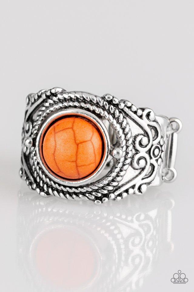 A refreshing orange stone is pressed into an ornate silver band radiating with rope-like and studded textures for a seasonal look. Features a stretchy band for a flexible fit. Sold as one individual ring.