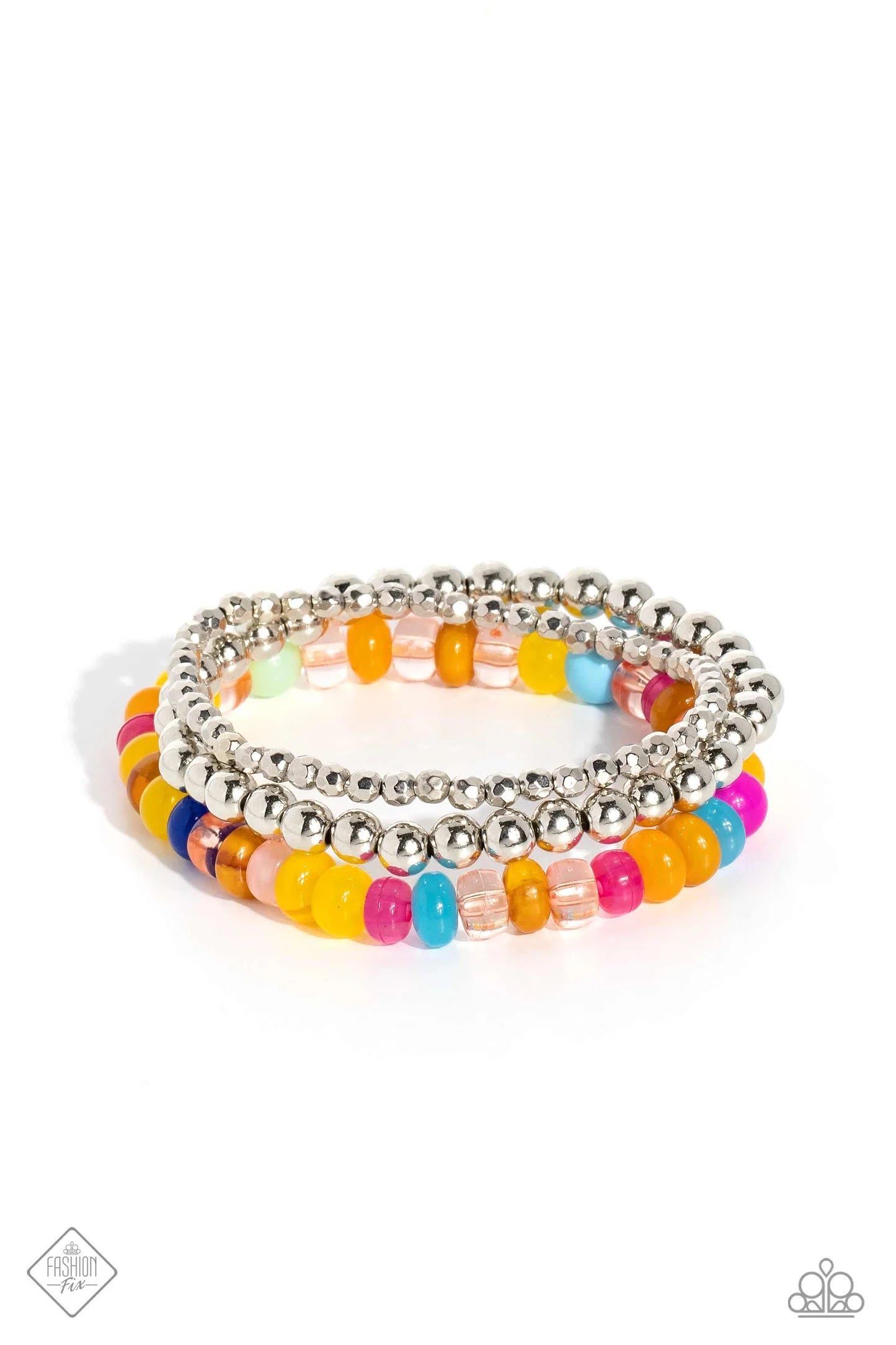 Two strands of faceted and high-sheen silver beads combine with a single strand of vivacious colorful beads to create an effortless stack of stretchy bracelets. The colorful beads vary in sheen and opacity, offering additional depth and dimension to the design. Sold as one set of three bracelets.