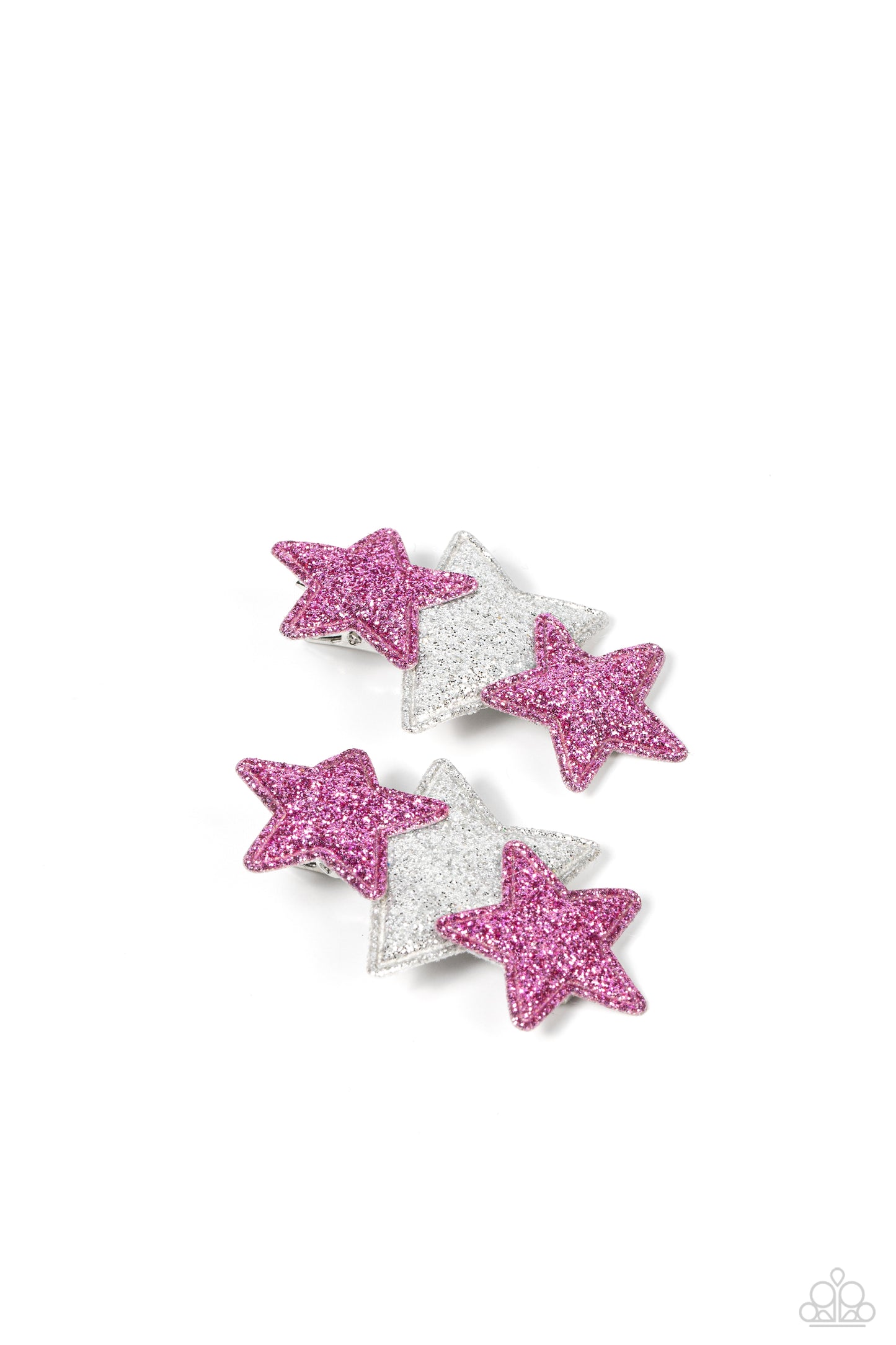 Dusted in starry sparkle, a puffy pair of purple star frames delicately overlaps across the front of a silver star for a stellar finish. Features a standard hair clip on the back. Sold as one pair of hair clips.