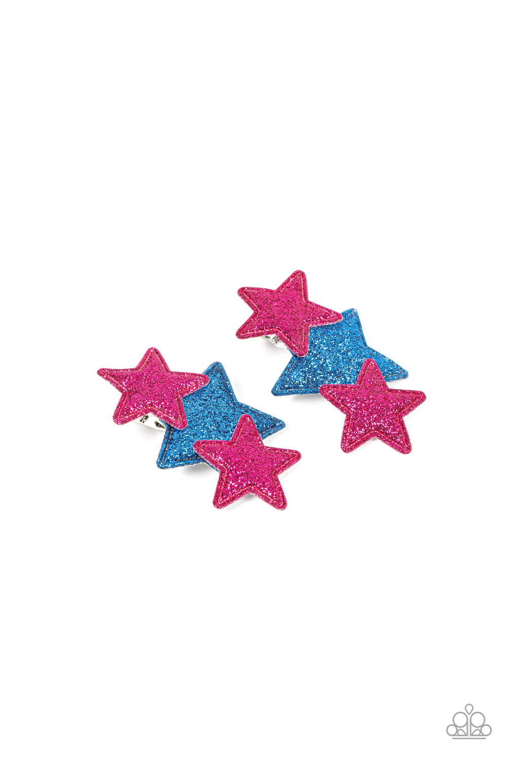 Dusted in starry sparkle, a puffy pair of Fuchsia Fedora star frames delicately overlaps across the front of a blue star for a stellar finish. Features a standard hair clip on the back. Sold as one pair of hair clips.